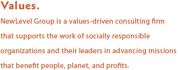 Values. NewLevel Group is a values-driven consulting firm that supports the work of socially responsible organizations and their leaders in advancing missions that benefit people, planet, and profits.